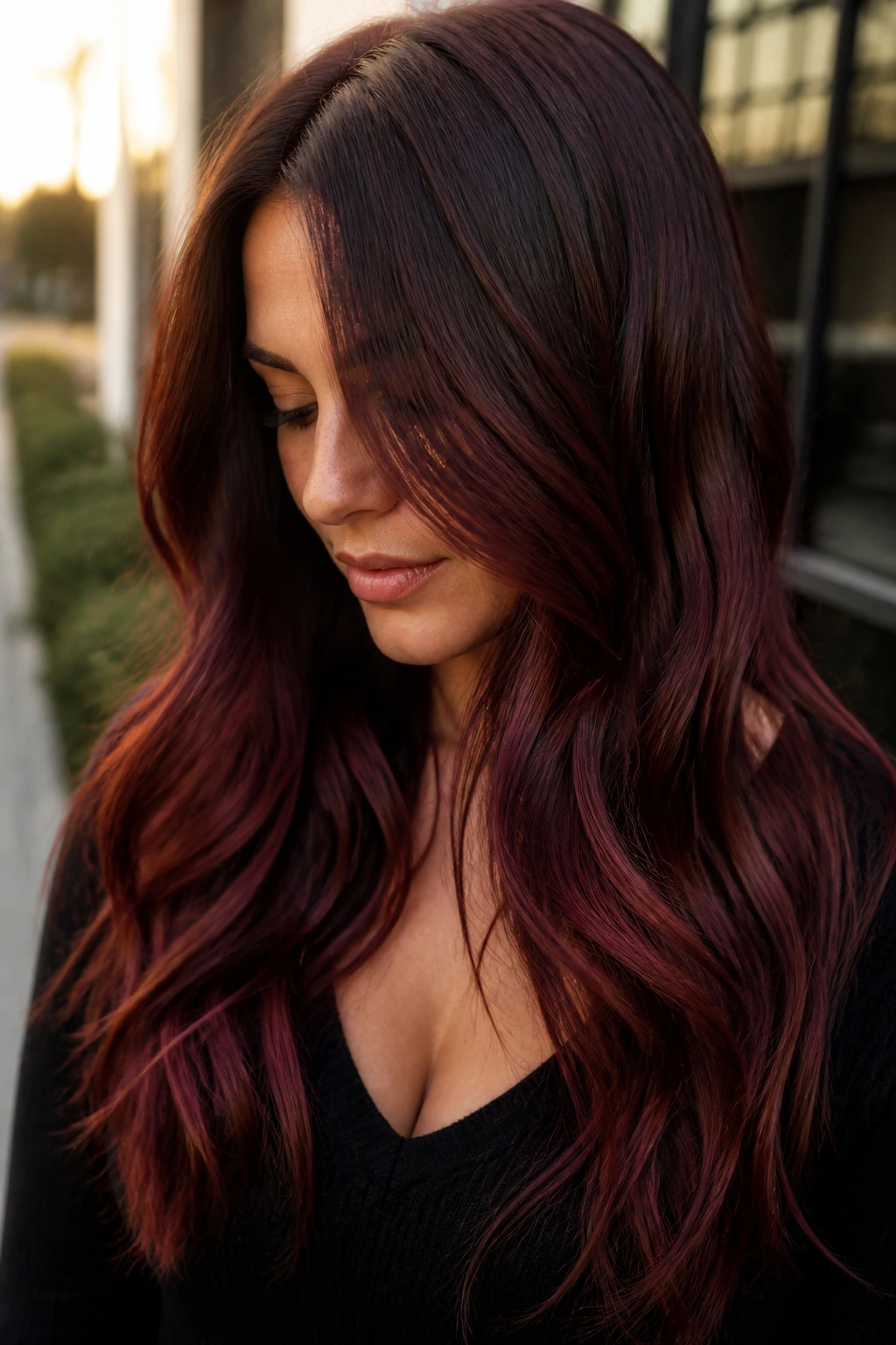 Close-up of a woman with velvet mahogany balayage in golden hour light