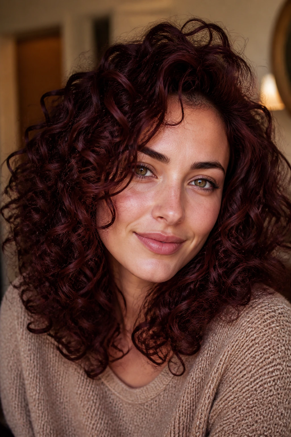 Portrait of a person with velvet mahogany curls.