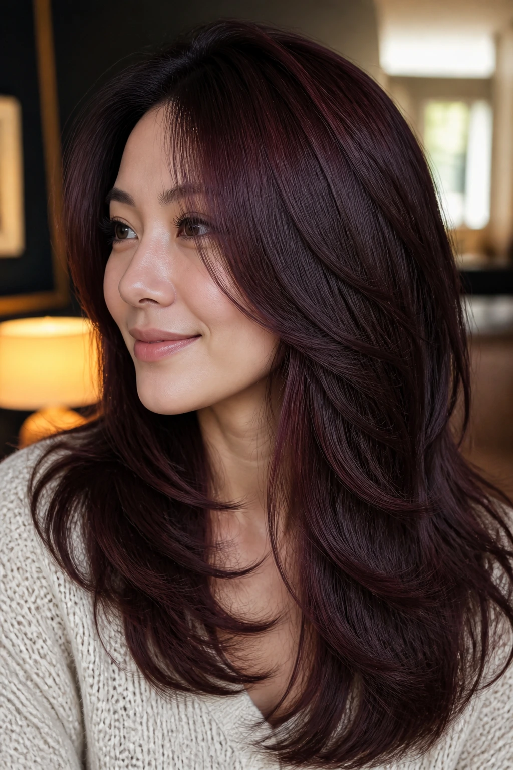 Close-up of a real woman with velvet mahogany layered hair.