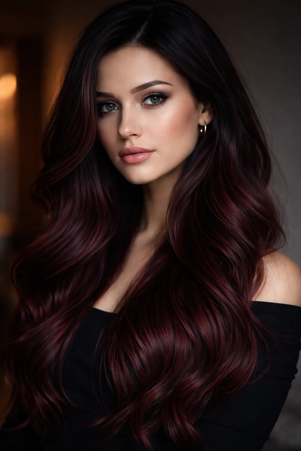 Portrait of a person with velvet mahogany ombré hair from root to tip.