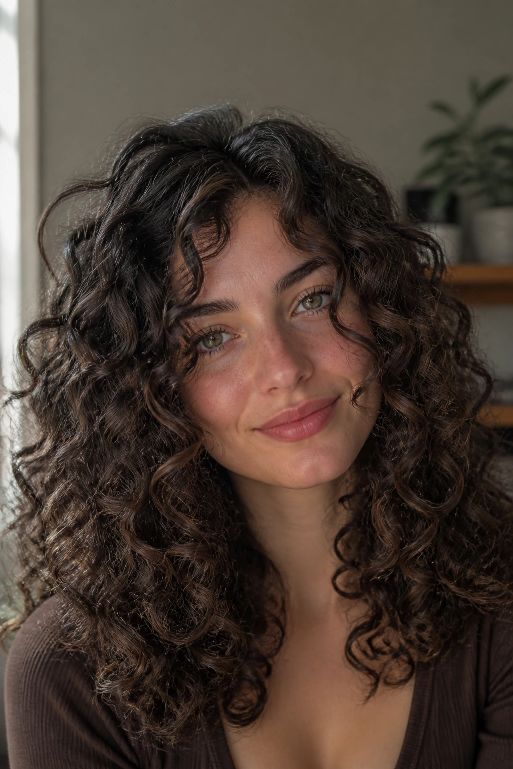 Close-up portrait of a real woman with velvet mocha curls under soft, natural light