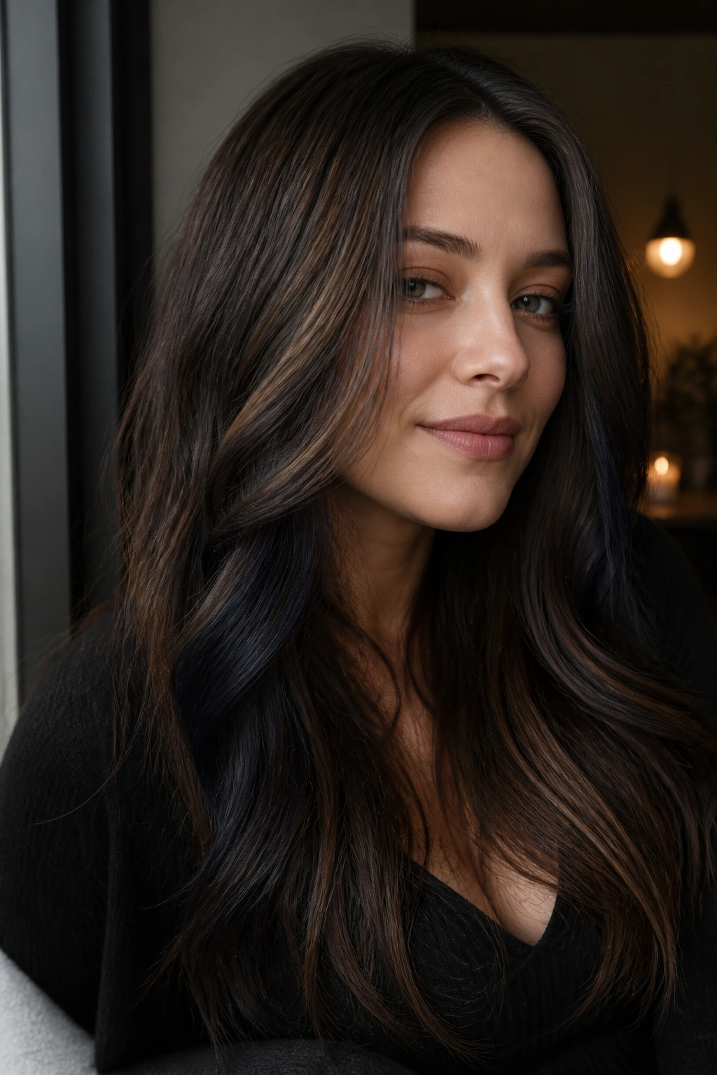 Close-up portrait of a real woman with velvet mocha and blue-black lowlights
