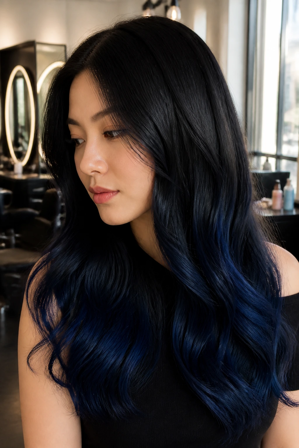 Close-up of a real woman's long hair with velvet black to navy ombre in a salon setting.