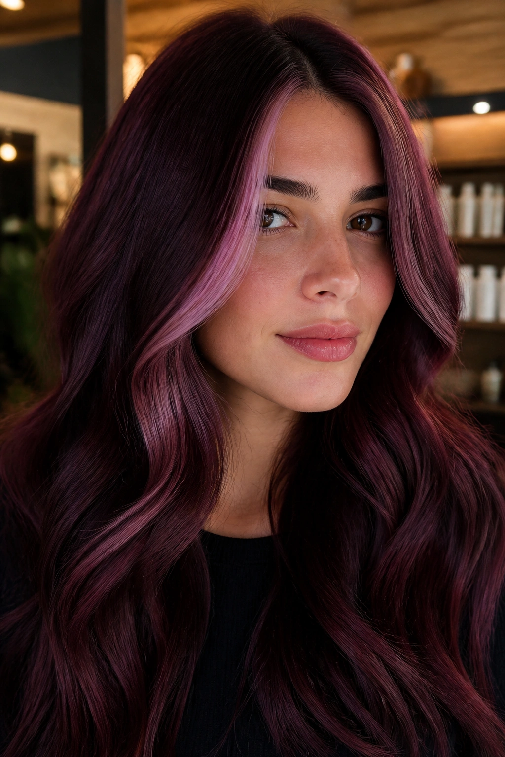 Close-up portrait of a woman with velvet plum money piece framing burgundy hair