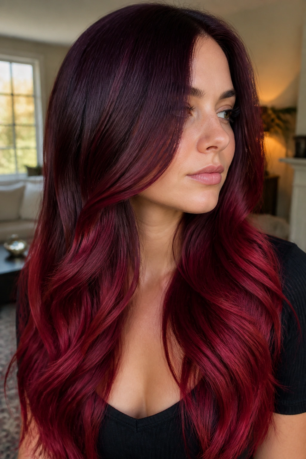 Close-up of a real woman with velvet plum to red wine ombre hair