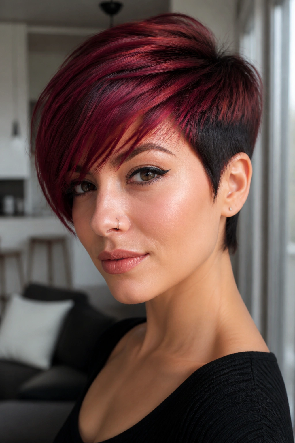Close-up of velvet red and black pixie crop on a real person