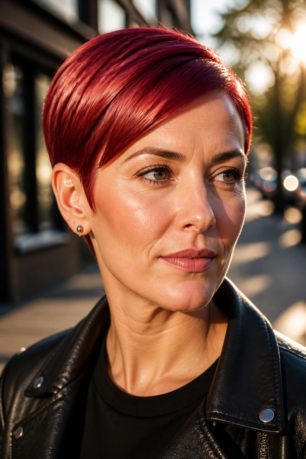 Close-up portrait of a real woman with Velvet Red Slick Pixie with Glossy Finish