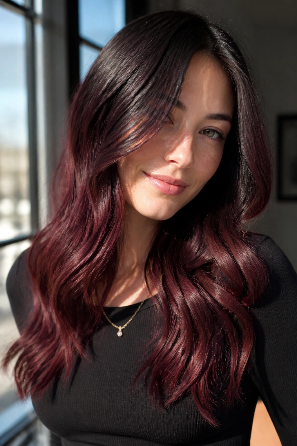 Close-up of a real person with Velvet Wine Balayage showing blended wine tones on long hair