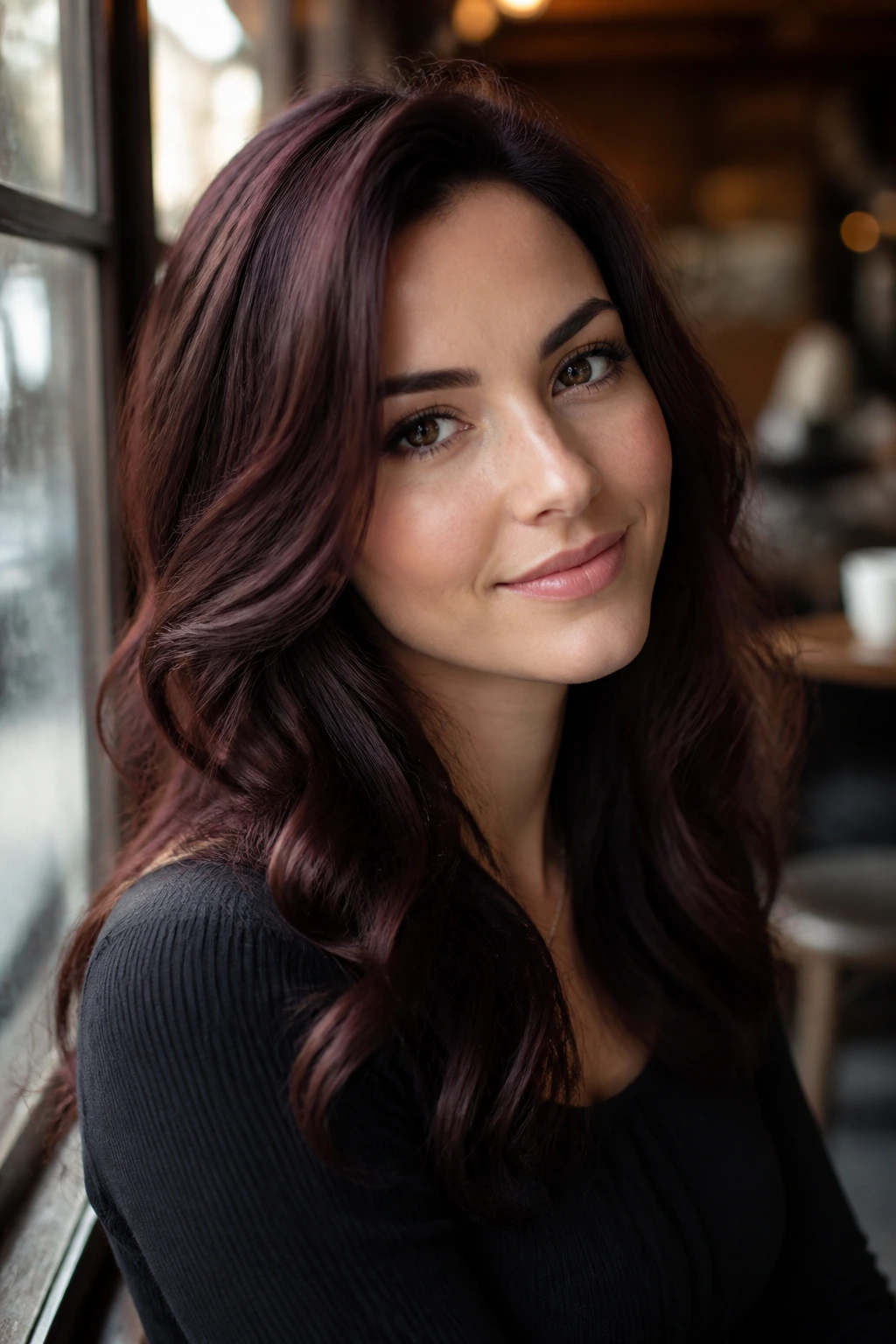 Close-up of real woman's wine-brown hair with glossy finish