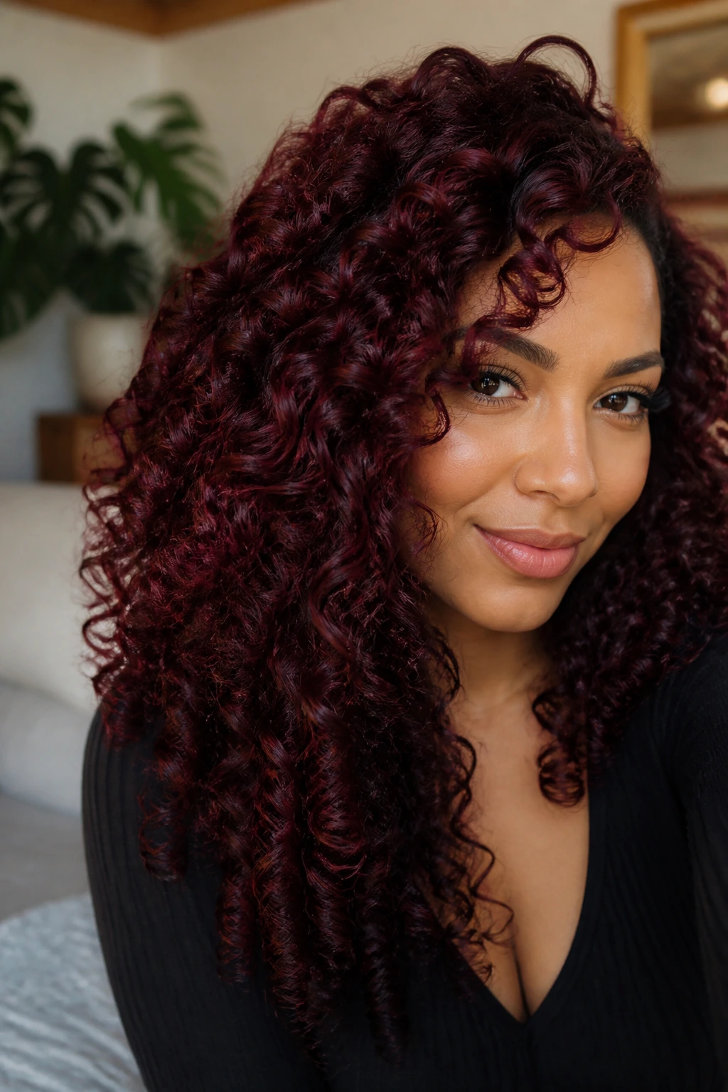 Close-up of a real woman with velvet wine burgundy curls