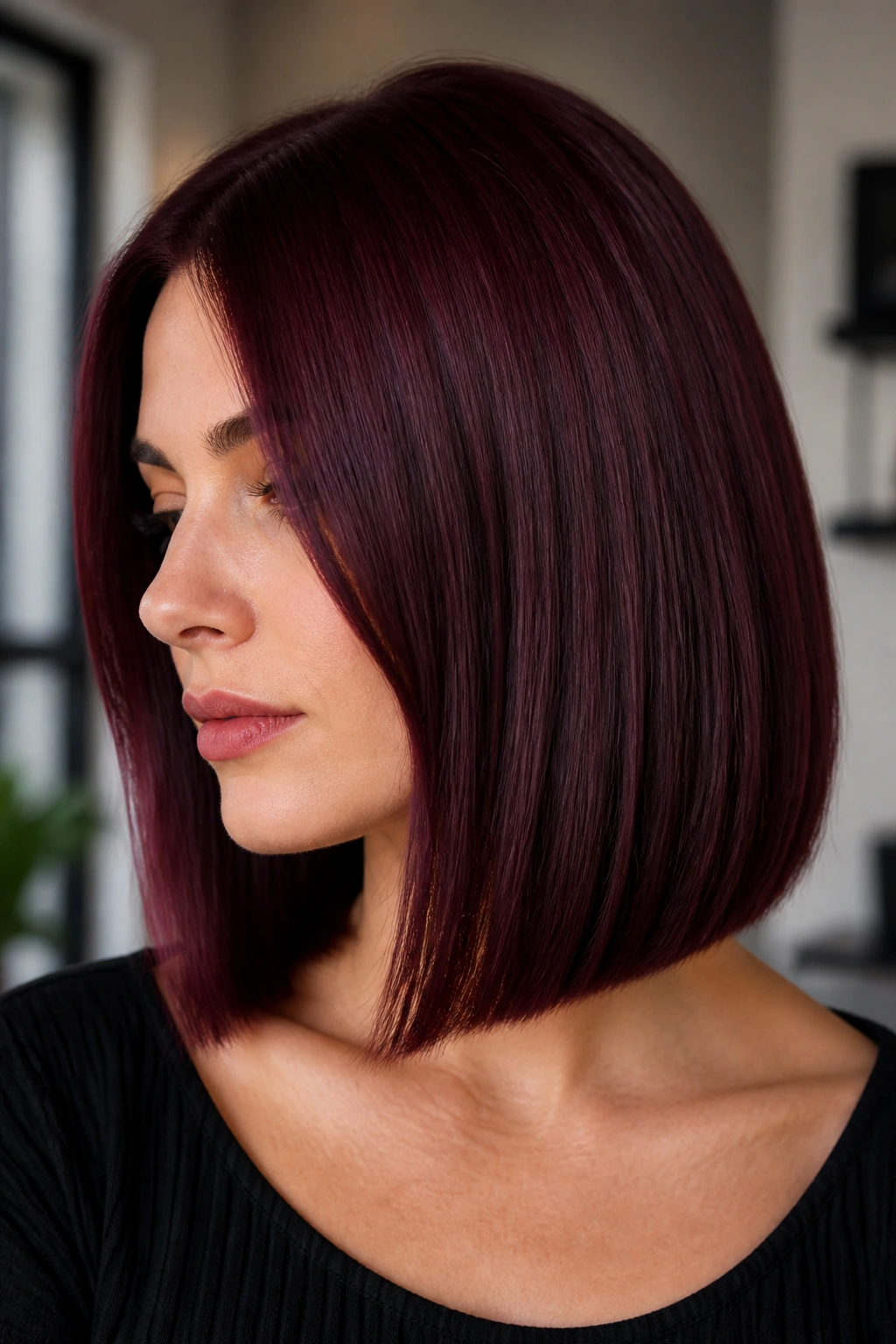Velvet wine colored lob with crisp line on a real person