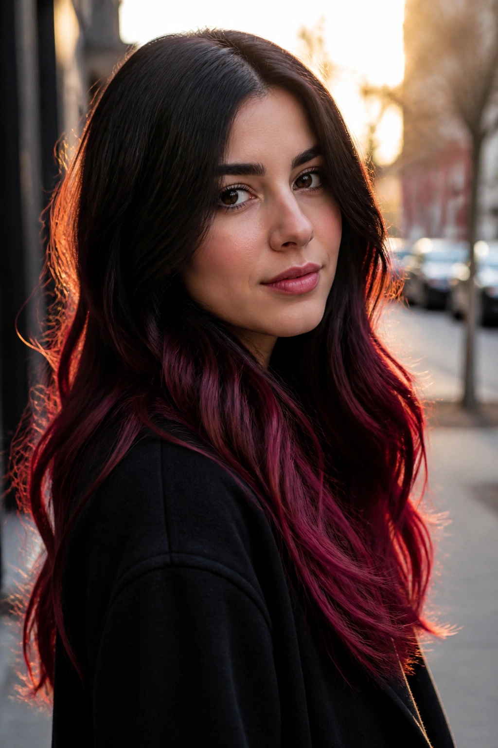 Close-up portrait of a real person with velvet wine ombré ends hair