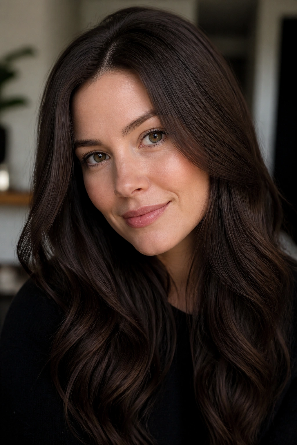 Close-up of velvety truffle brown hair with gentle movement