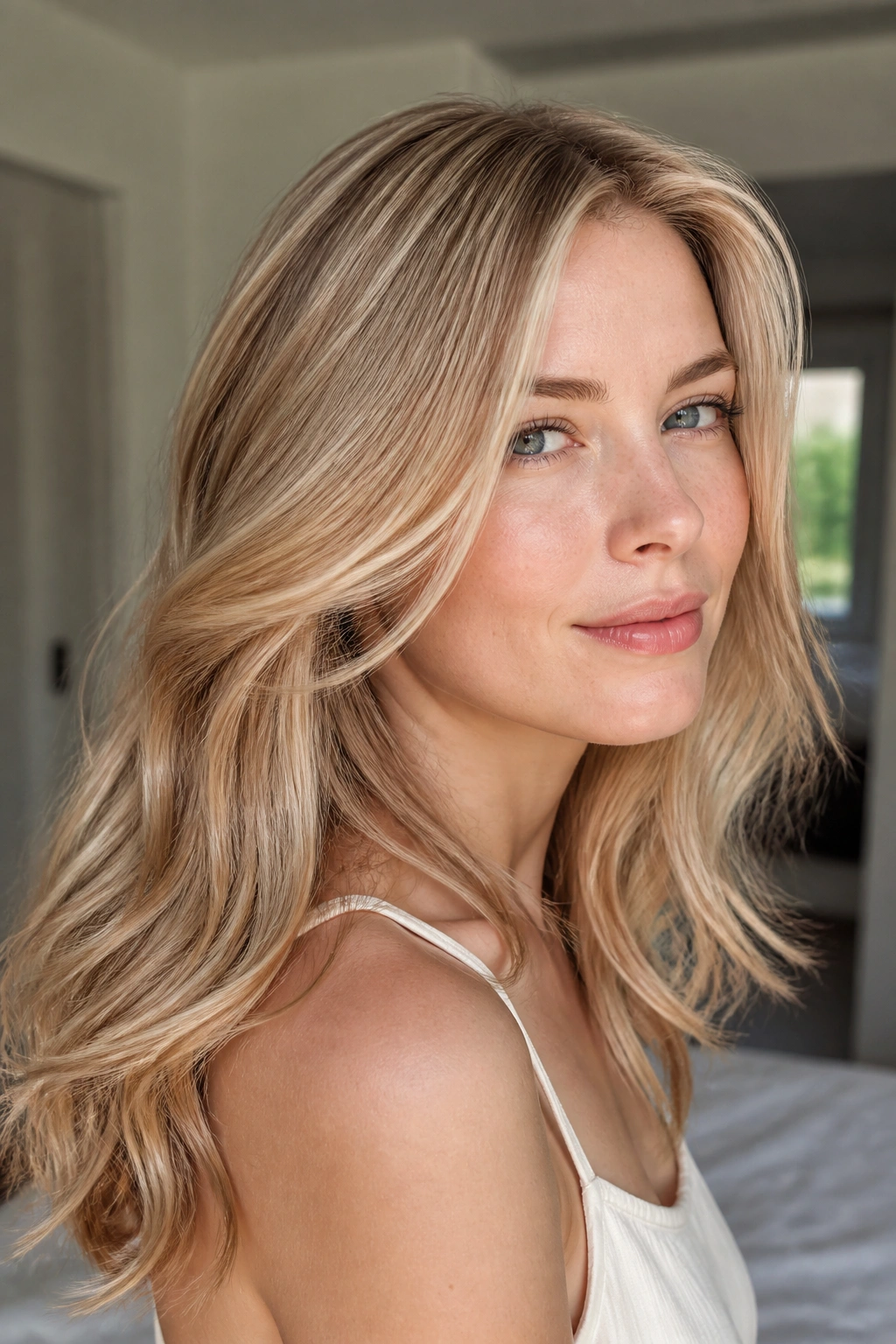 Close-up of a real woman with pale gold hair and sheer copper gloss