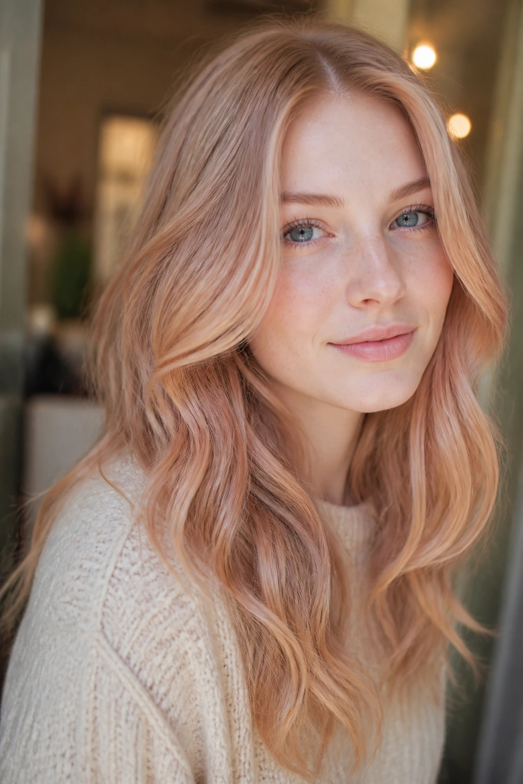 Close-up of Venetian copper blonde hair on a fair-skinned person