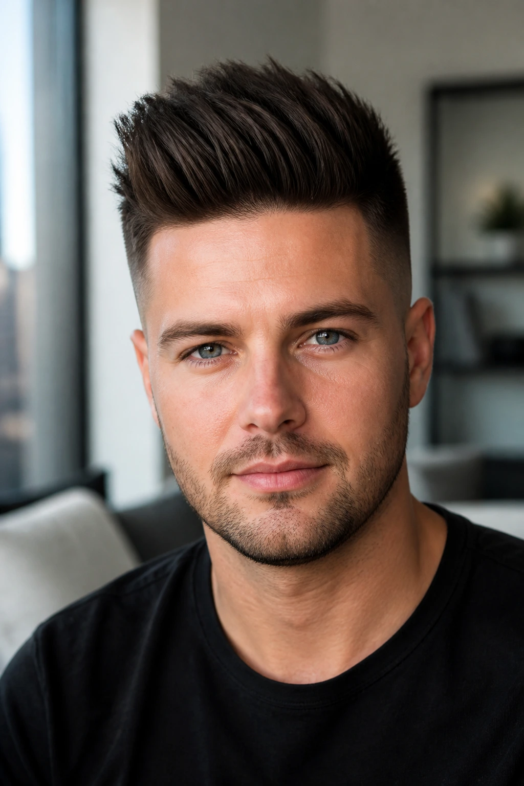 Close-up portrait of a man with vertical brush-up and tight sides in a modern apartment.