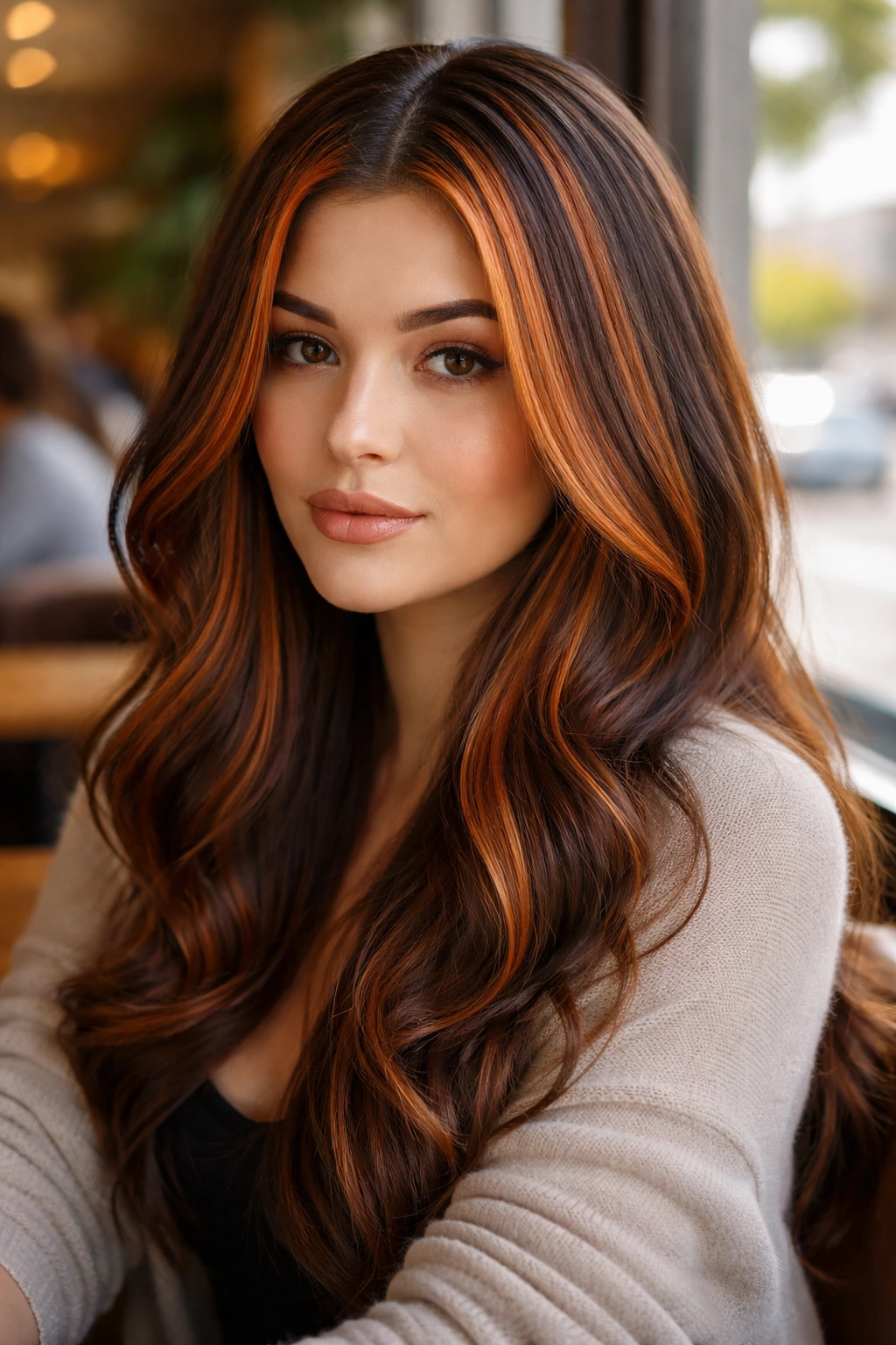 Close-up of a real woman showing vertical copper hair slices front and part line