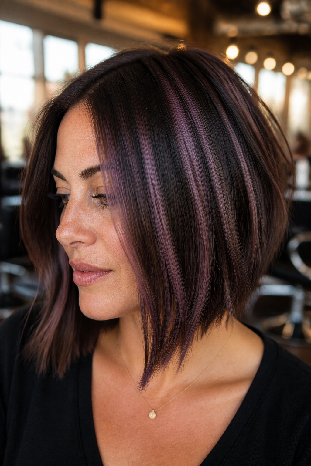 Close-up of a real woman with a lob featuring vertical purple-brown foils.
