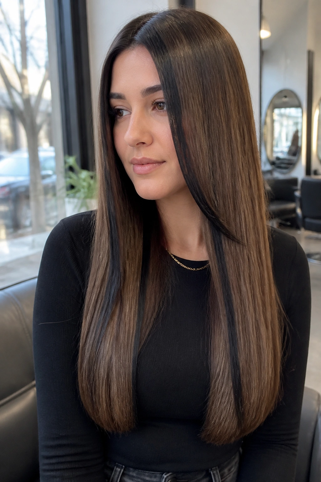 Portrait of a real woman with vertical black highlights in straight hair