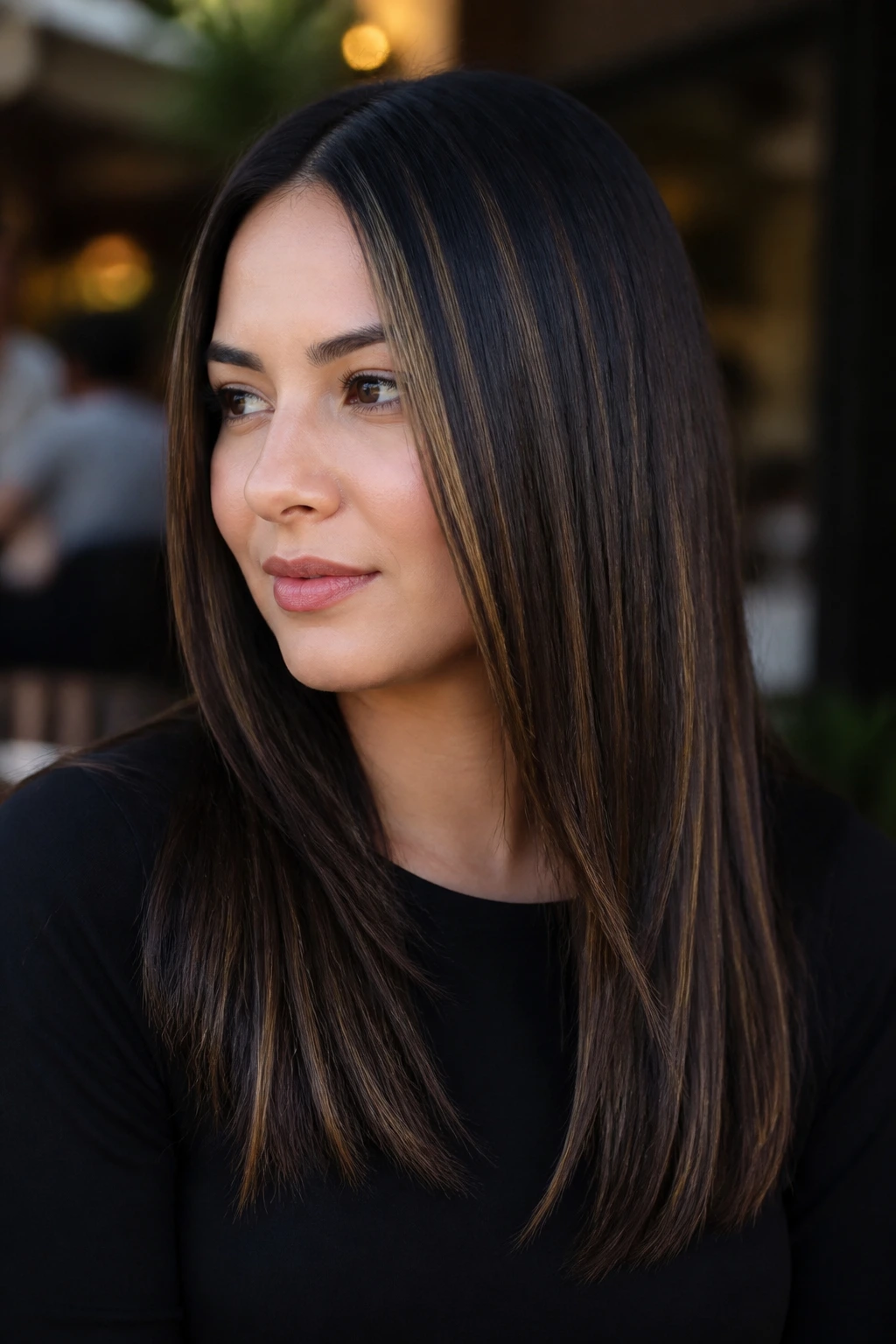 Close-up portrait of a real person with vertical hair ribbons from temple to mid-lengths