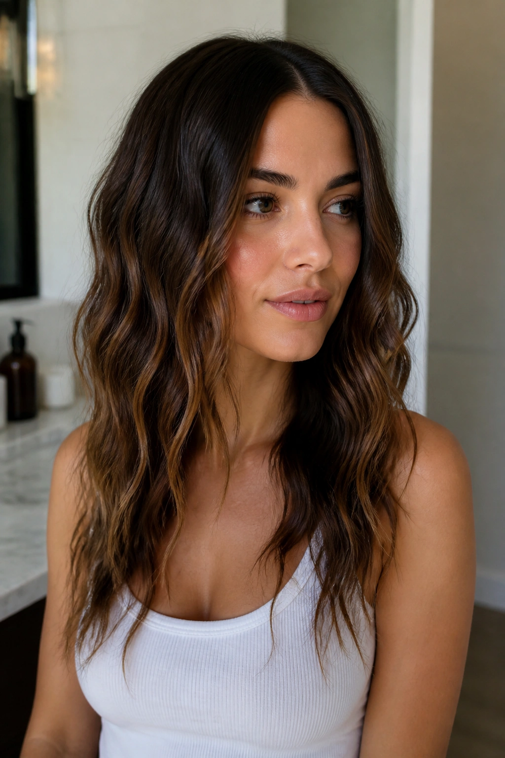 Portrait of a real woman with vertical wand waves and a broken bend at the ends