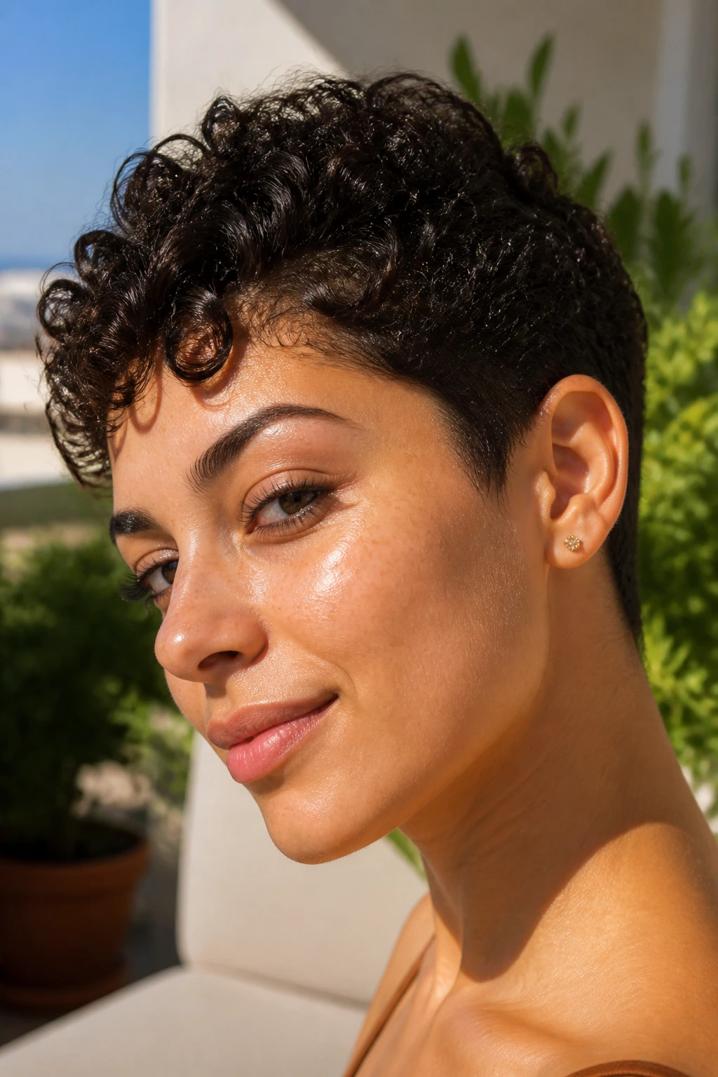 Extreme close-up of a real woman with a very short curly pixie and tapered nape on a sunlit terrace