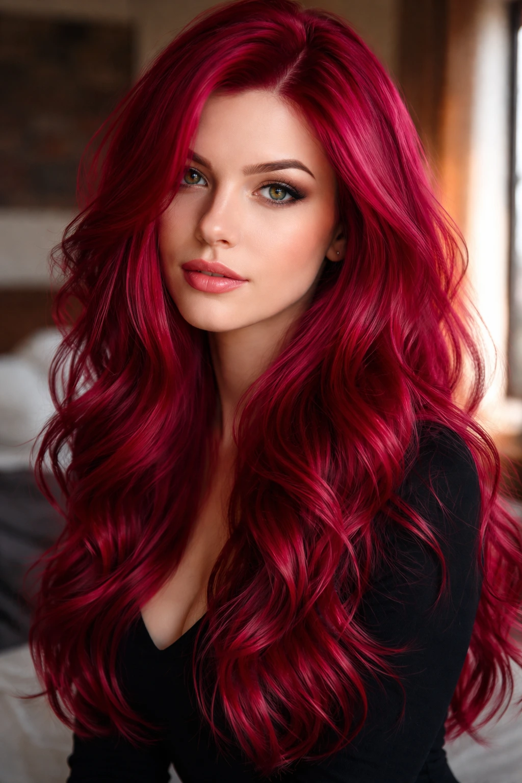 Close-up of a woman with vibrant magenta-red hair in warm window light