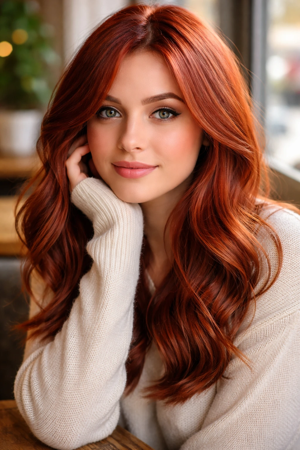Portrait of a real woman with vibrant strawberry auburn hair