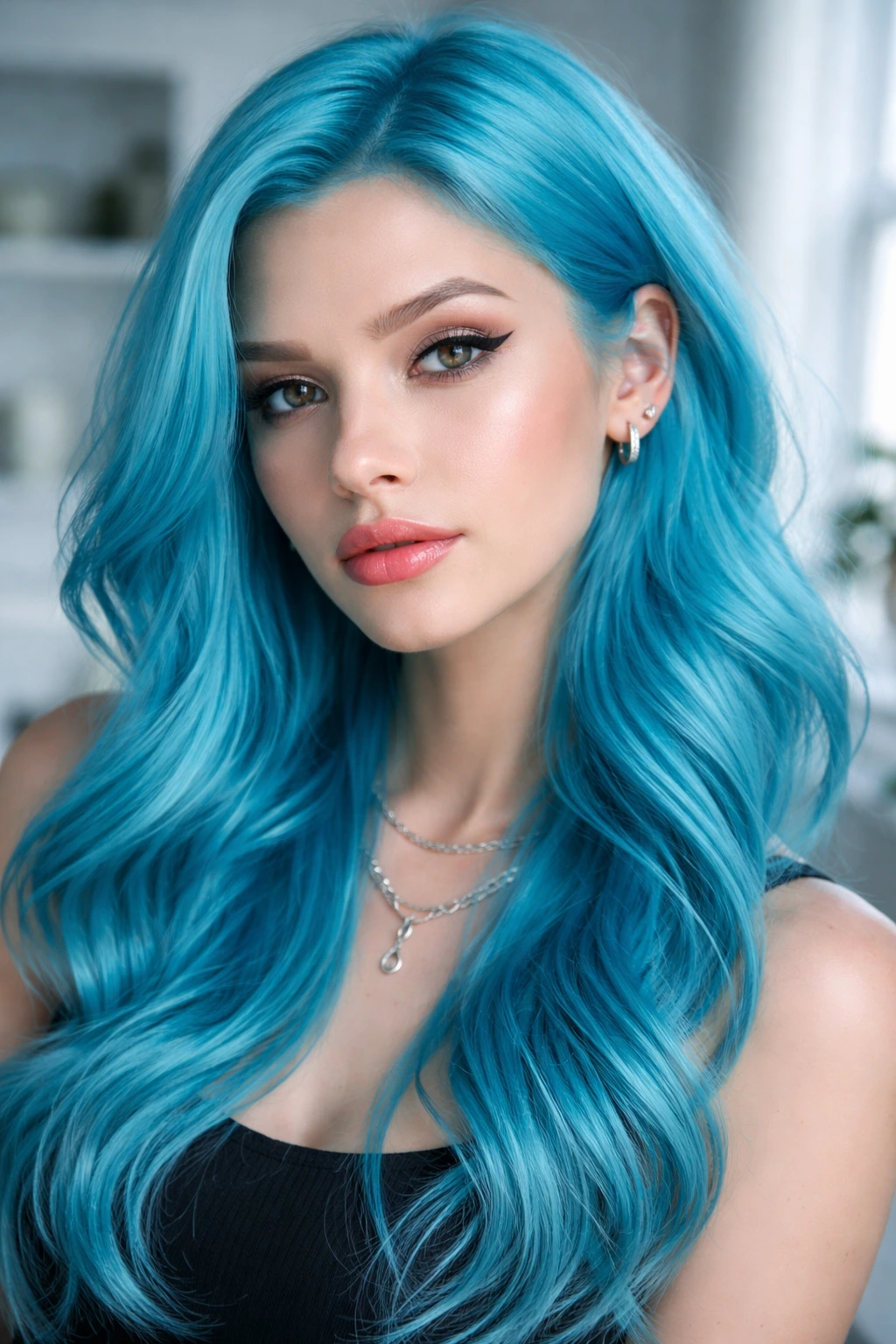 Close-up portrait of a real person with vibrant turquoise hair