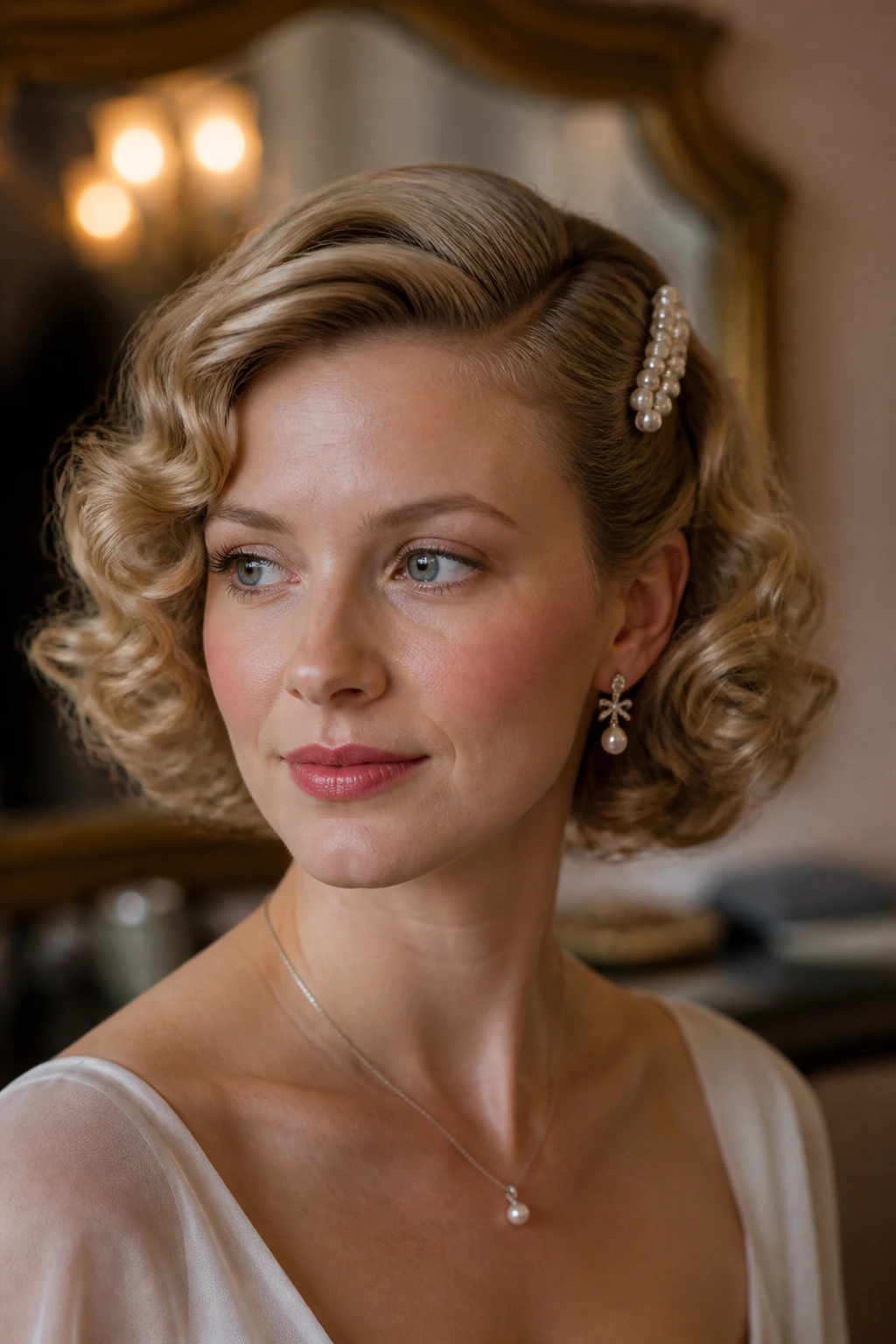 Close-up of a real woman with vintage curls pinned back with a pearl clip