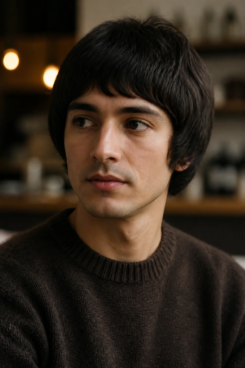 Close-up portrait of a man with a vintage mod bob haircut