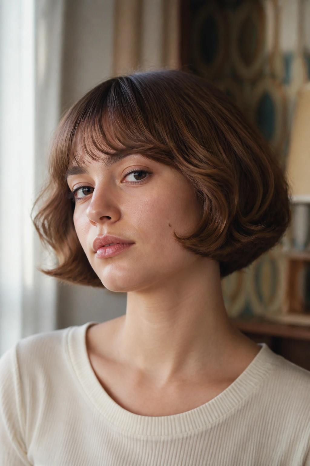 Close-up portrait of a real person with a vintage pageboy remix hairstyle.