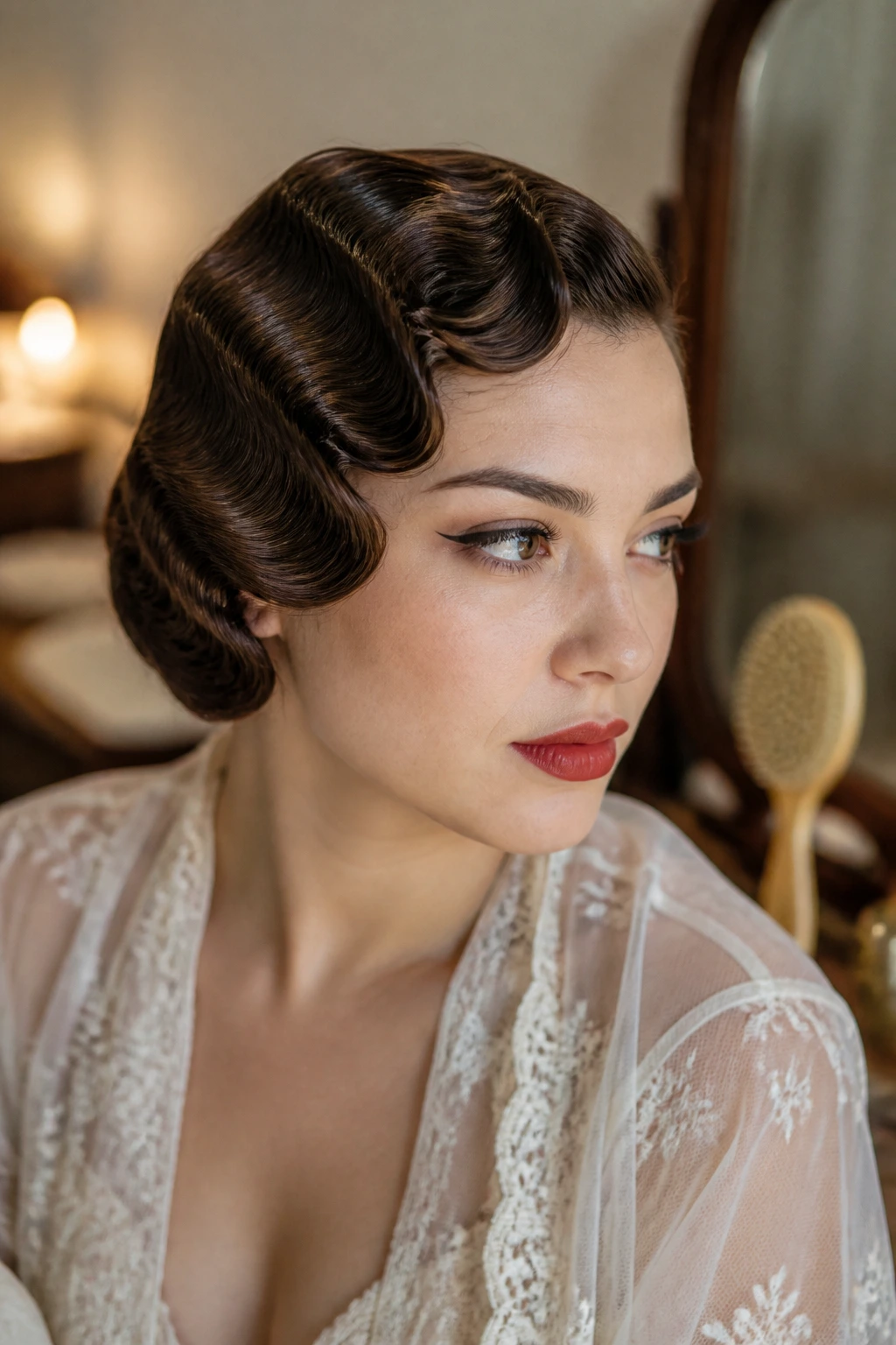 Close-up of a real woman with Vintage Pin-Curl Waves
