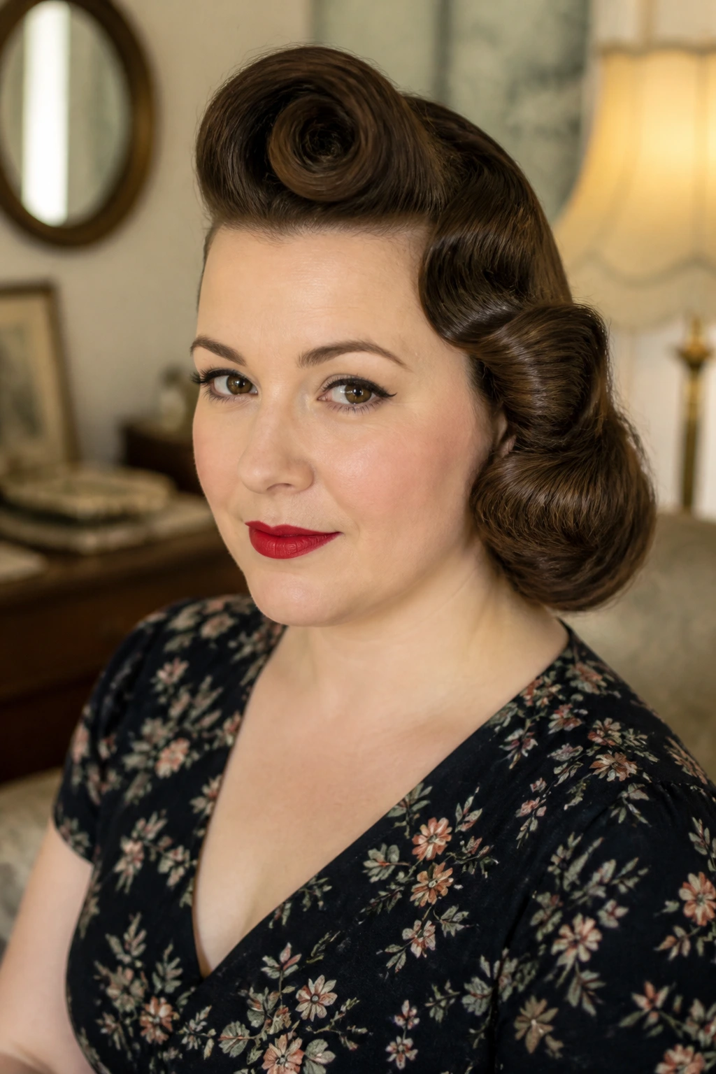 Close-up of a real woman with a vintage side roll and pin-curled wave in a retro-inspired room