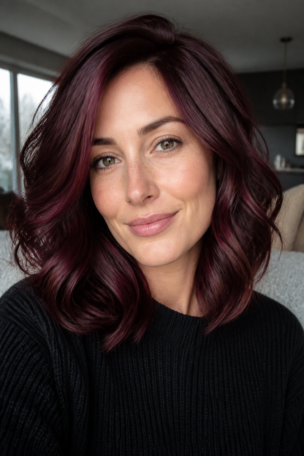 Close-up portrait of a woman with violet auburn hair in cool daylight