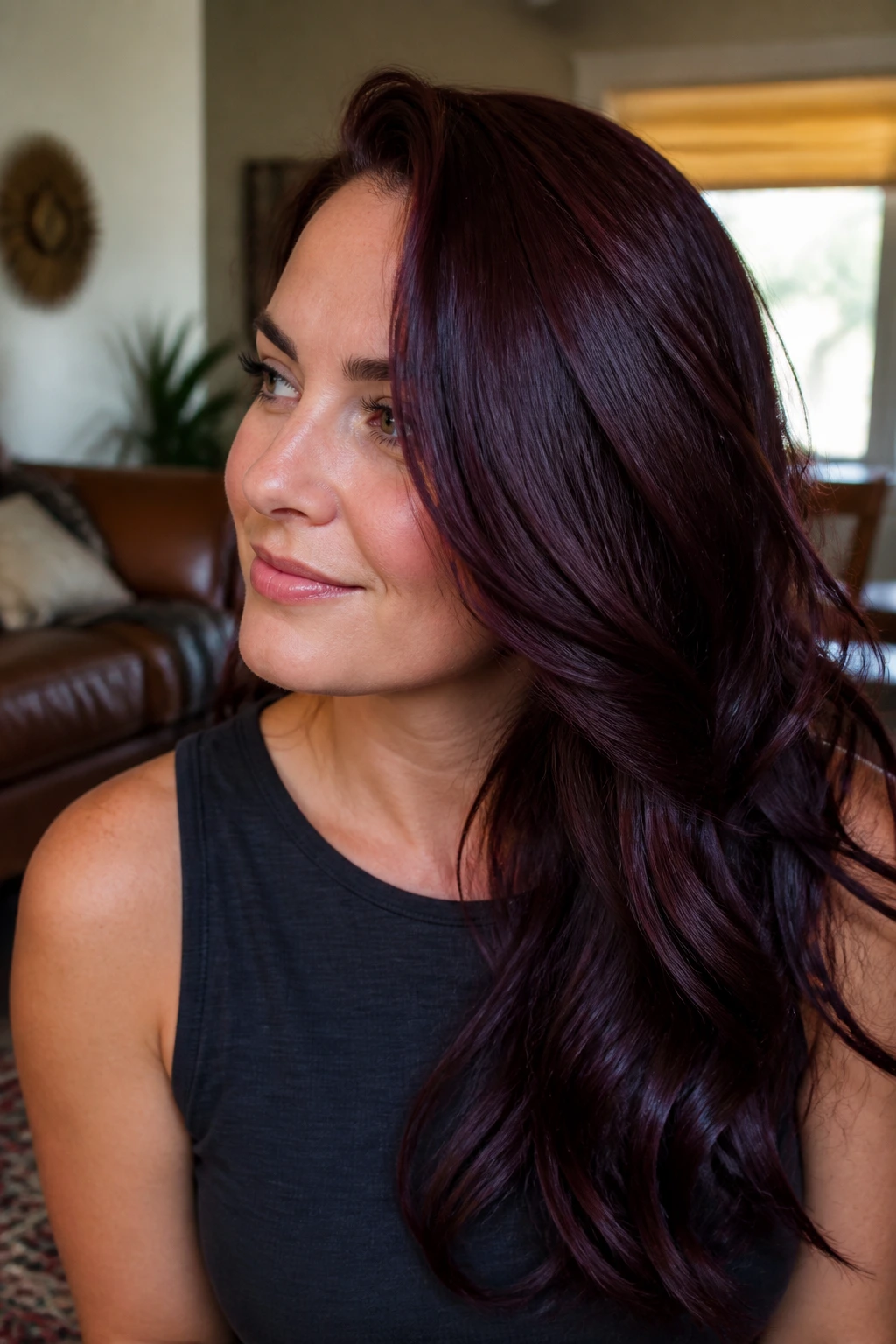 Close-up portrait of a real person with violet-auburn tinted hair, glossy and luminous.