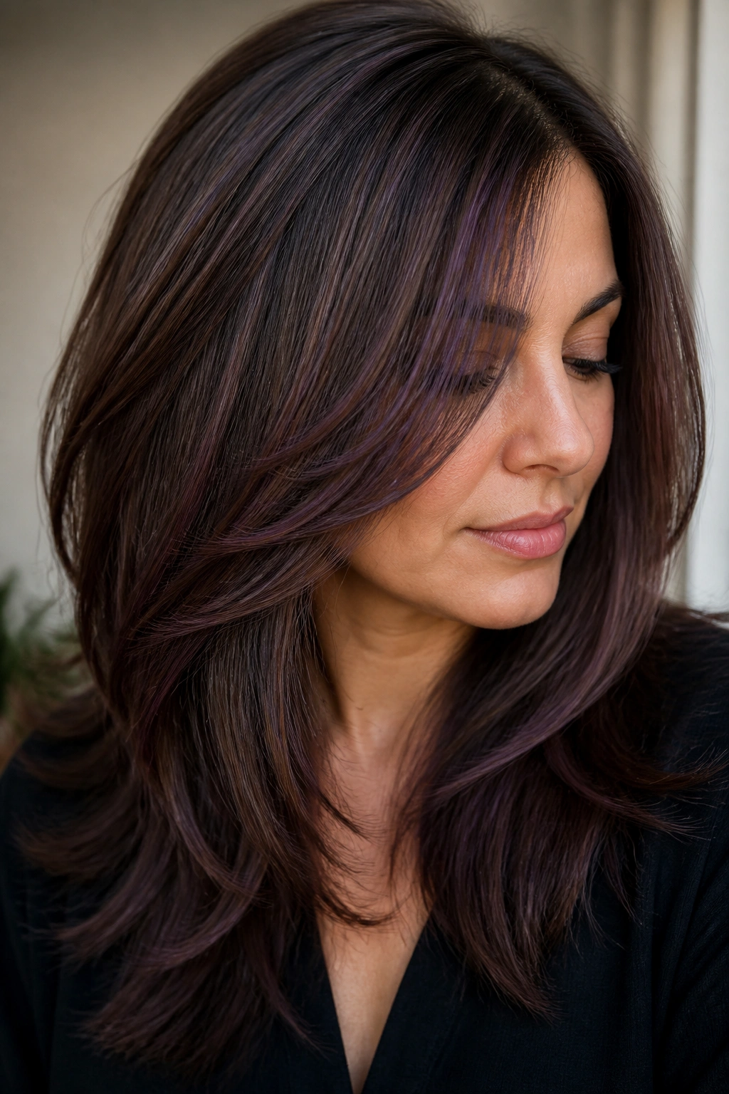 Real woman with violet babylights through chestnut layered hair.