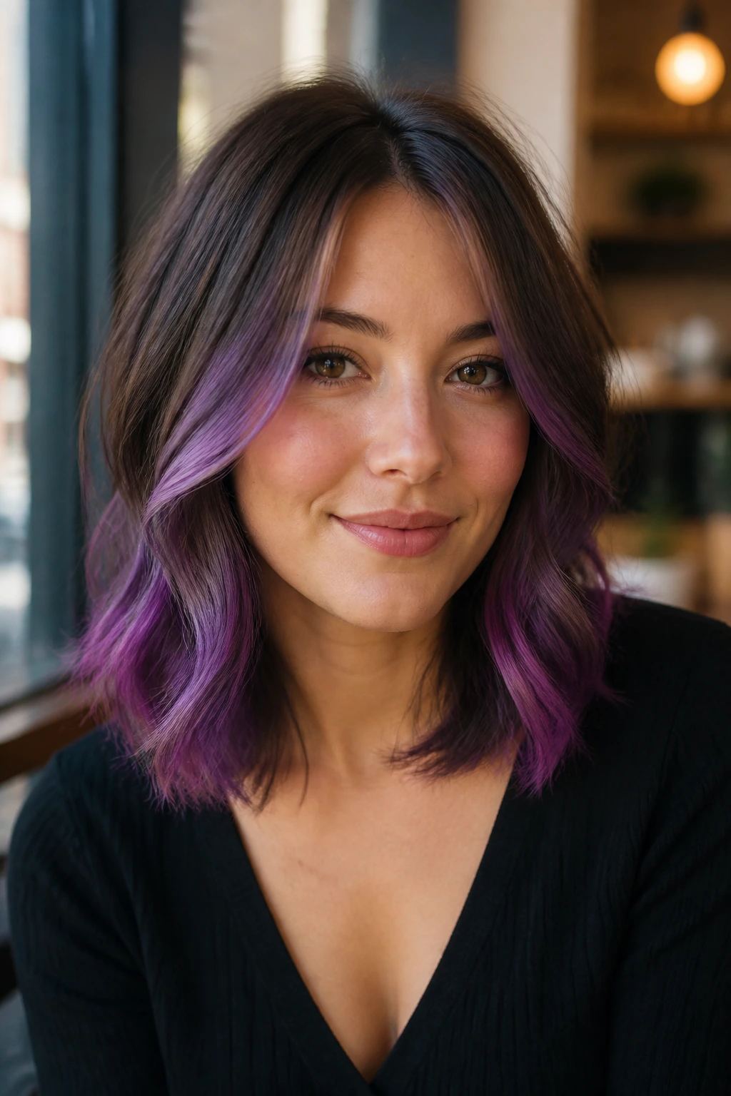 Lob with violet balayage fading from brown roots to violet ends