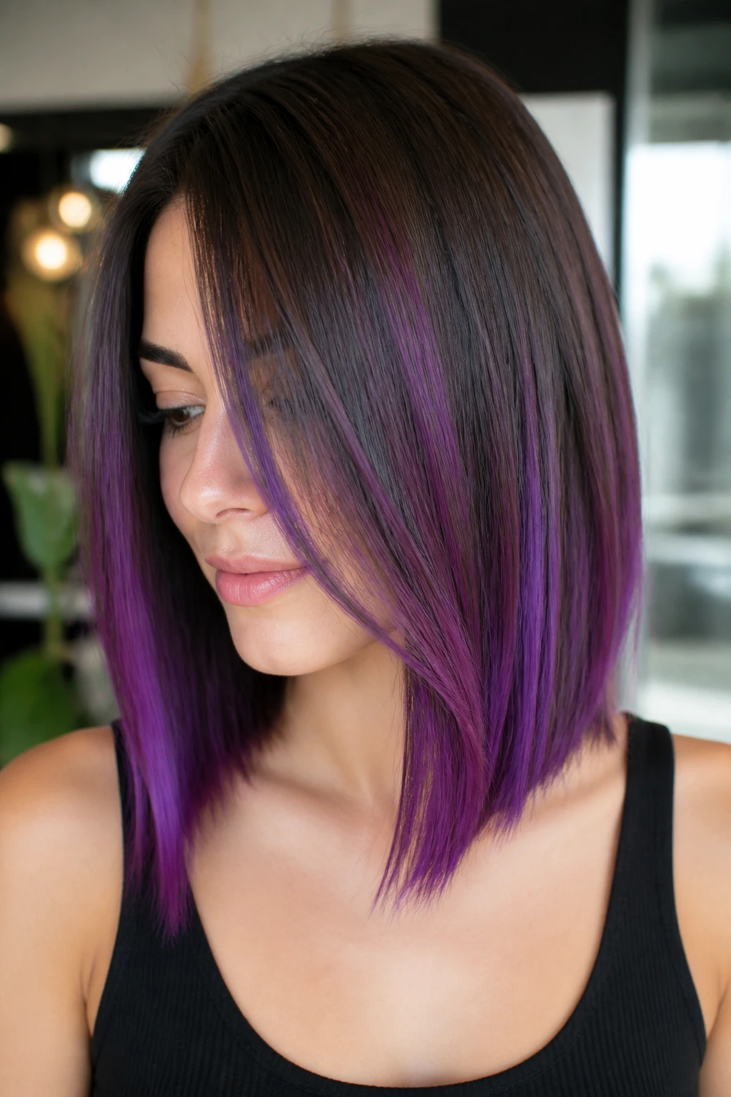 Straight lob with violet balayage visible on mid-length to ends