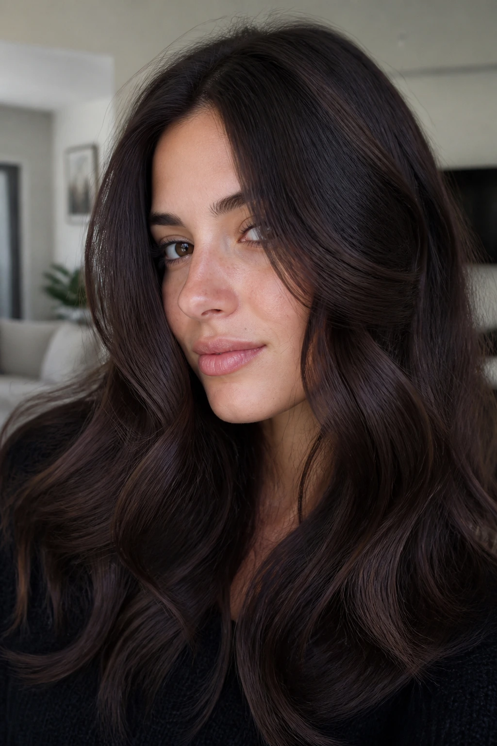 Brunette hair with violet-based cool brown tones, brassiness avoided