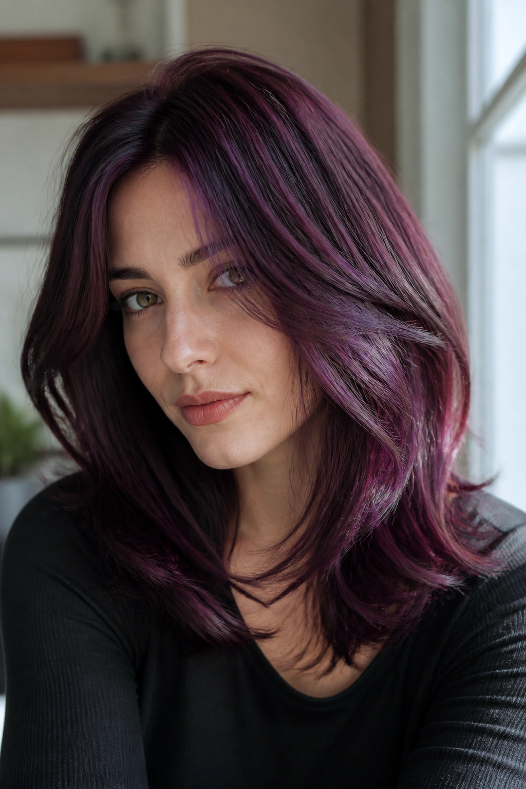 Close-up of layered hair with cool violet black cherry tones catching light