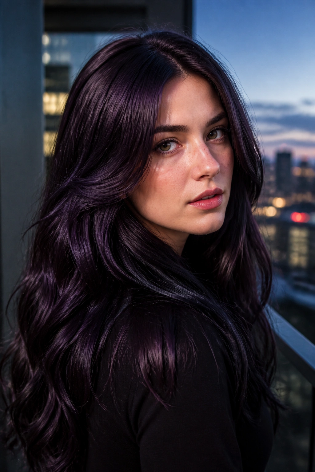 Close-up of a real woman with violet-plum gloss on black hair catching light