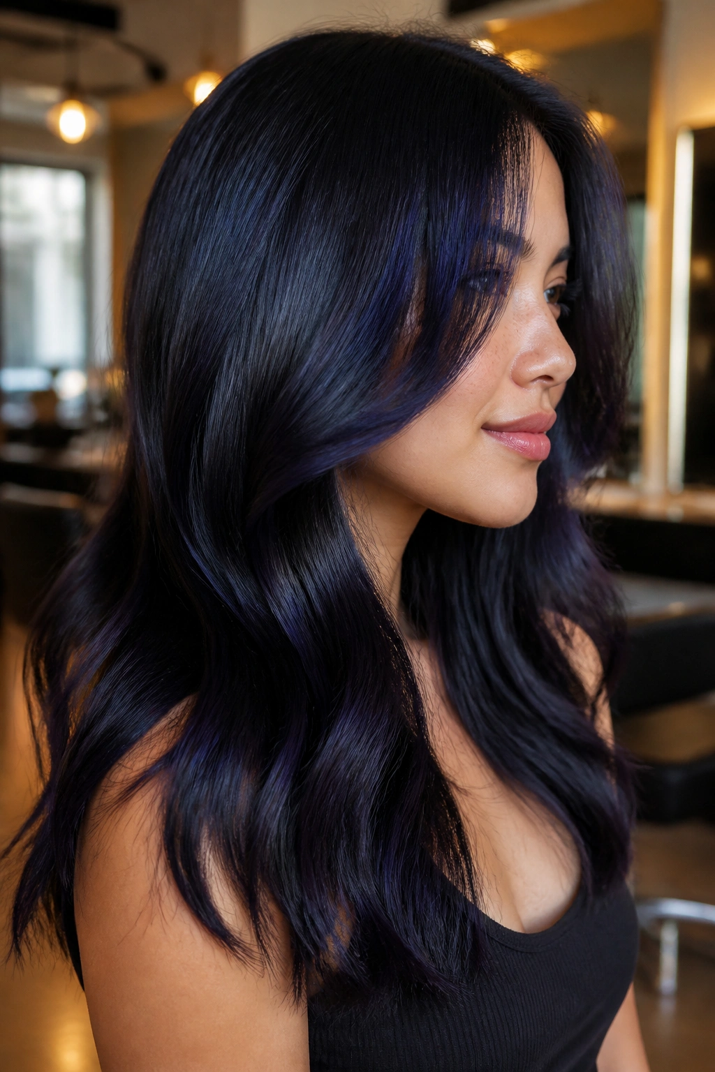 Close-up of violet-blue gloss on black hair with cool skin