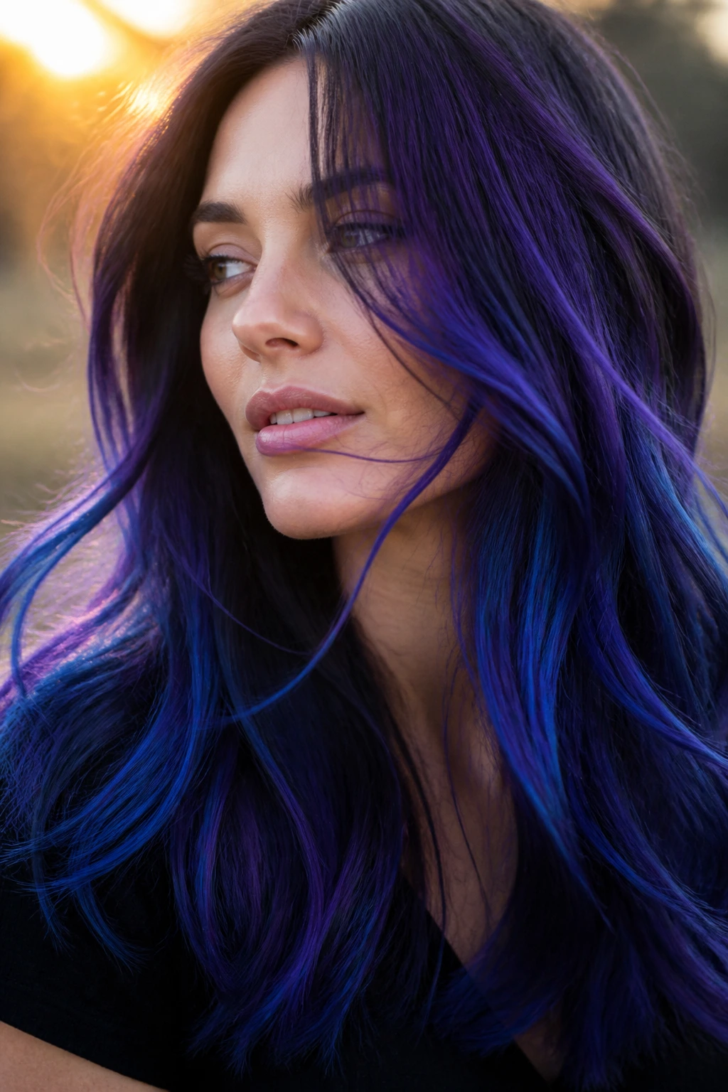 Portrait of a woman with prism-like violet-blue ribbons in her hair