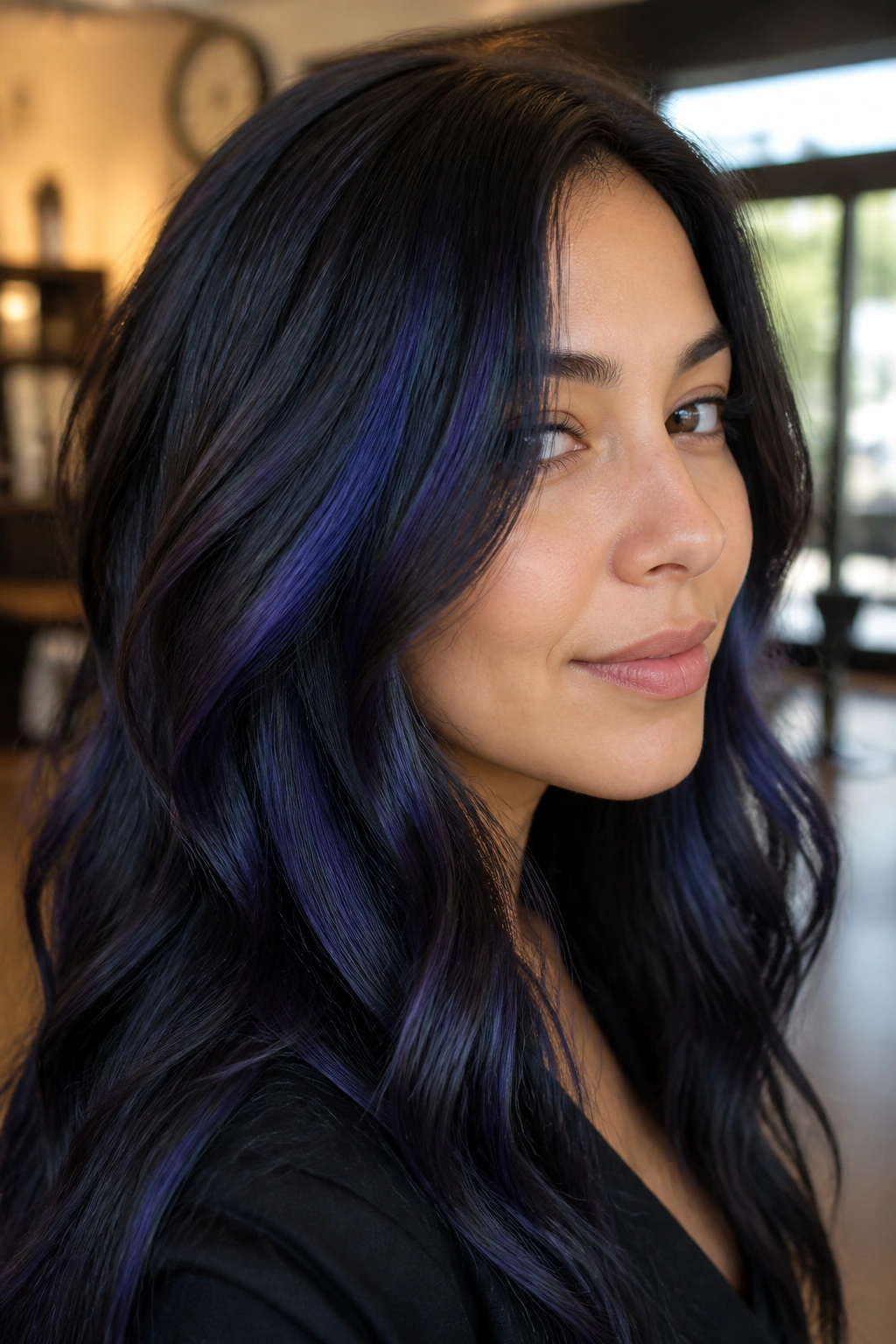 Close-up portrait of a real woman with violet-blue black ribbon highlights in cool-toned hair in a salon.