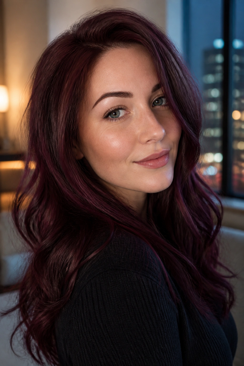 Close-up of a real woman with Violet Brown hair in a city-view apartment