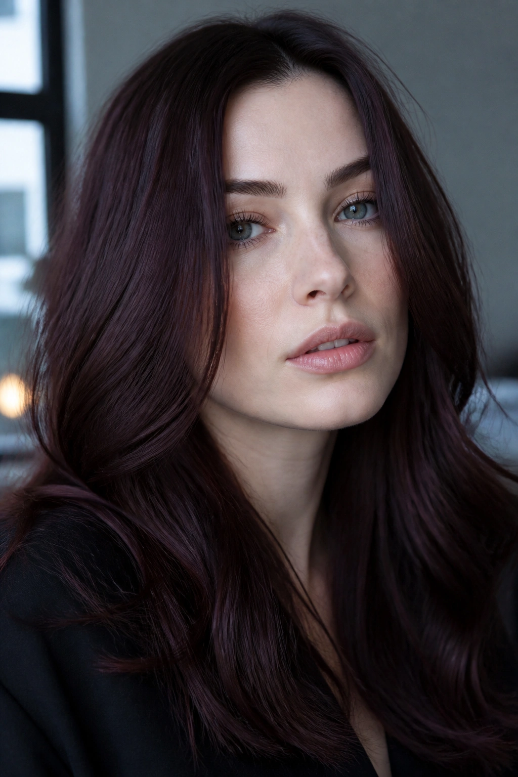 Close-up portrait of a real woman with violet brown hair under daylight.