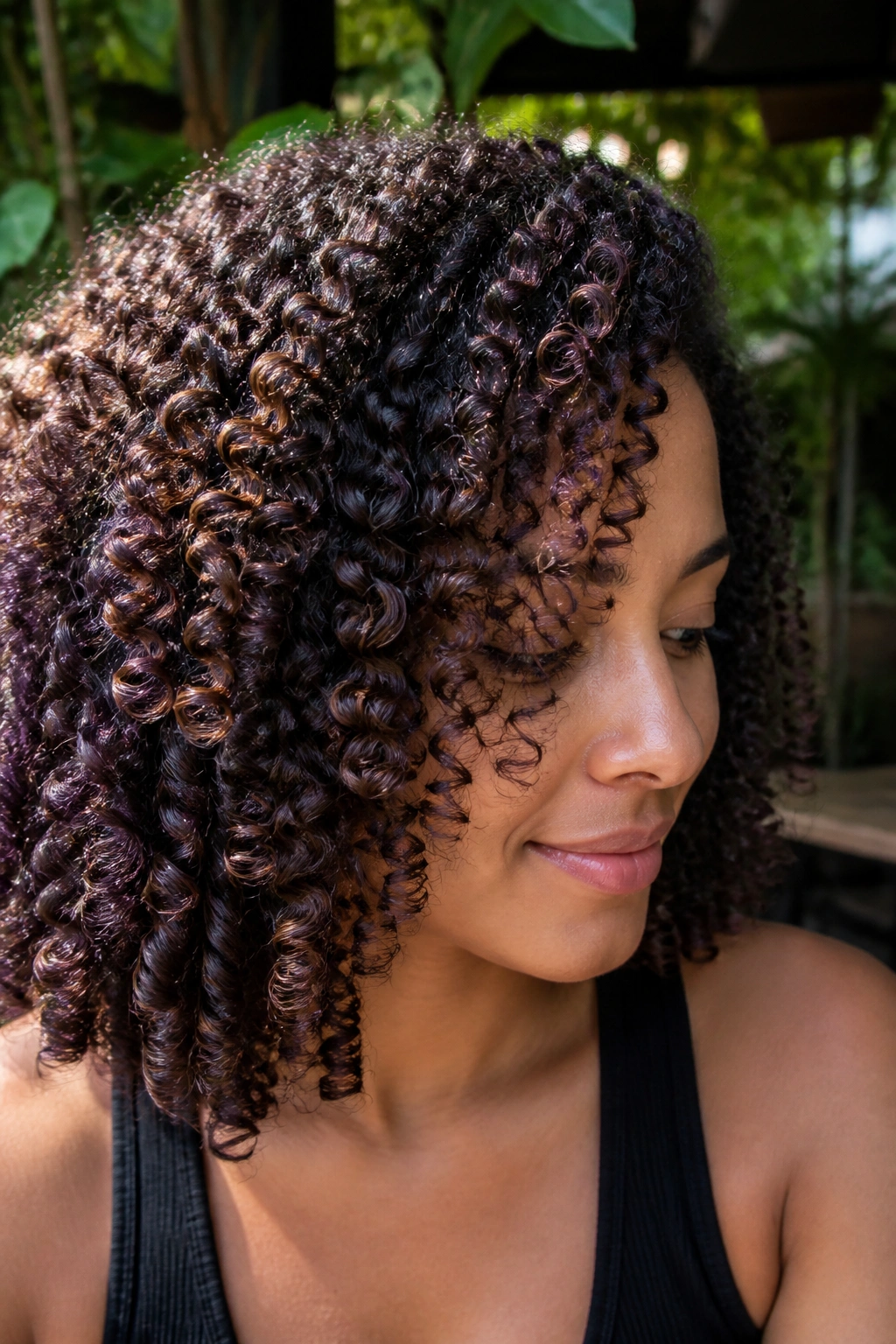 Close-up of violet-brown highlights on coily hair