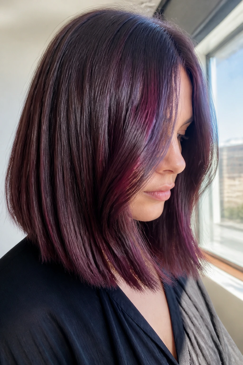 Cool brown hair with violet-burgundy balayage in a straight lob under window light