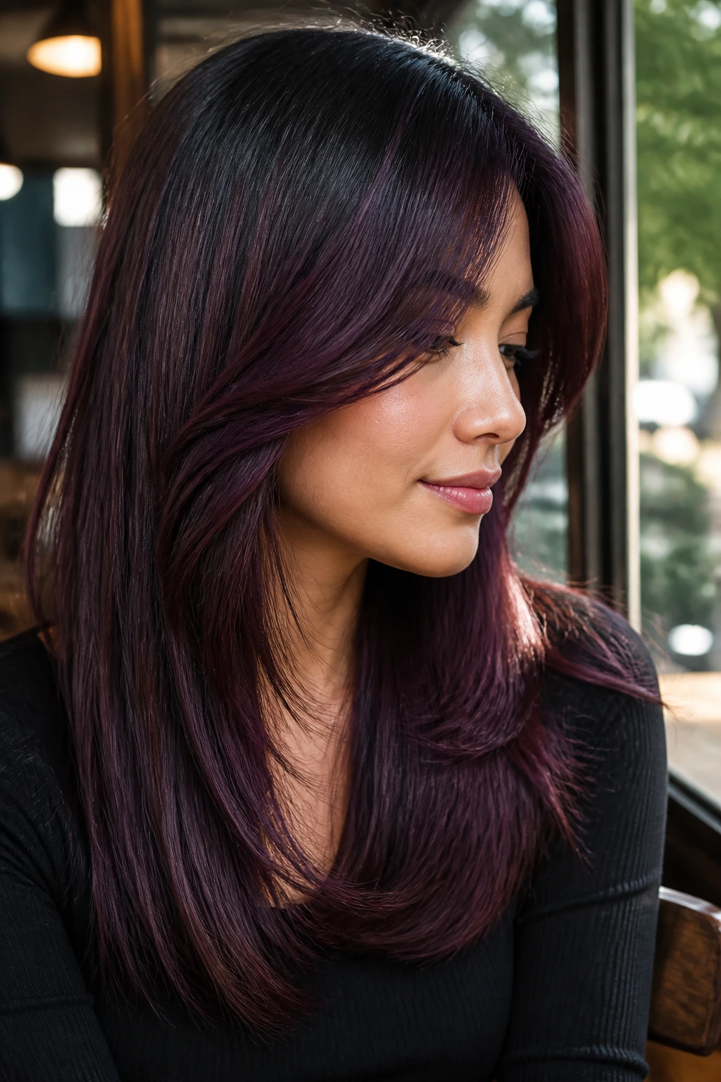 Portrait of a person with straight layered hair in a black violet-burgundy blend.